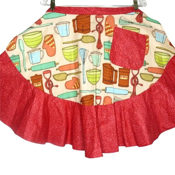 Retro Cooking Half Apron One Size Baking Red Ruffle Pocket Tie Waist NEW - Picture 7 of 11